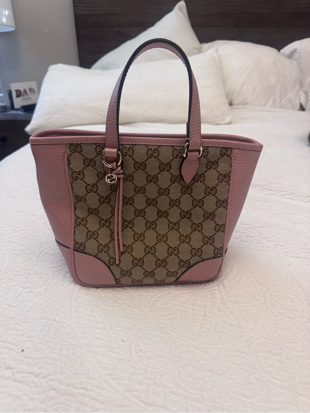 AUTHENTIC Gucci Pink GG Supreme Small Tote with Gold Charm